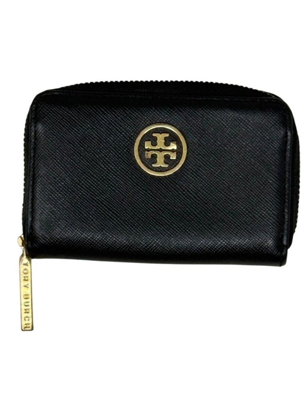 Tory Burch Robinson Black Saffiano Leather Zip Coin Case Wallet Gold Logo EUC